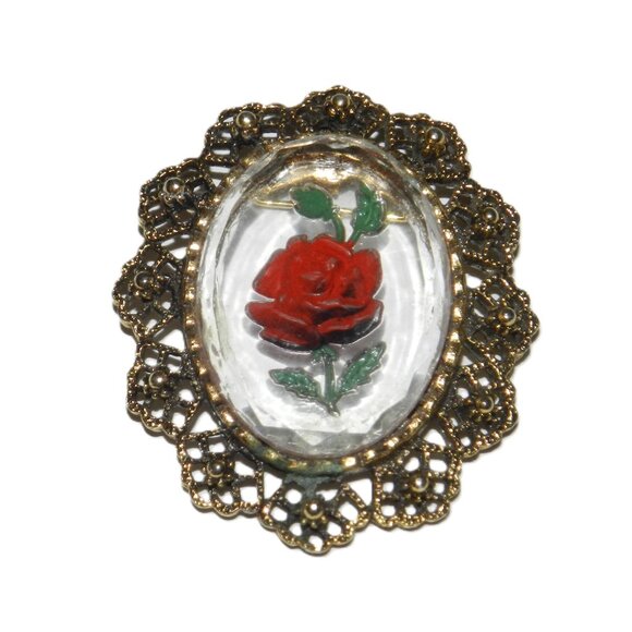Vintage Intaglio Crystal Glass Reverse Engraved Rose Floral Brooch Pendant - Picture 2 of 7